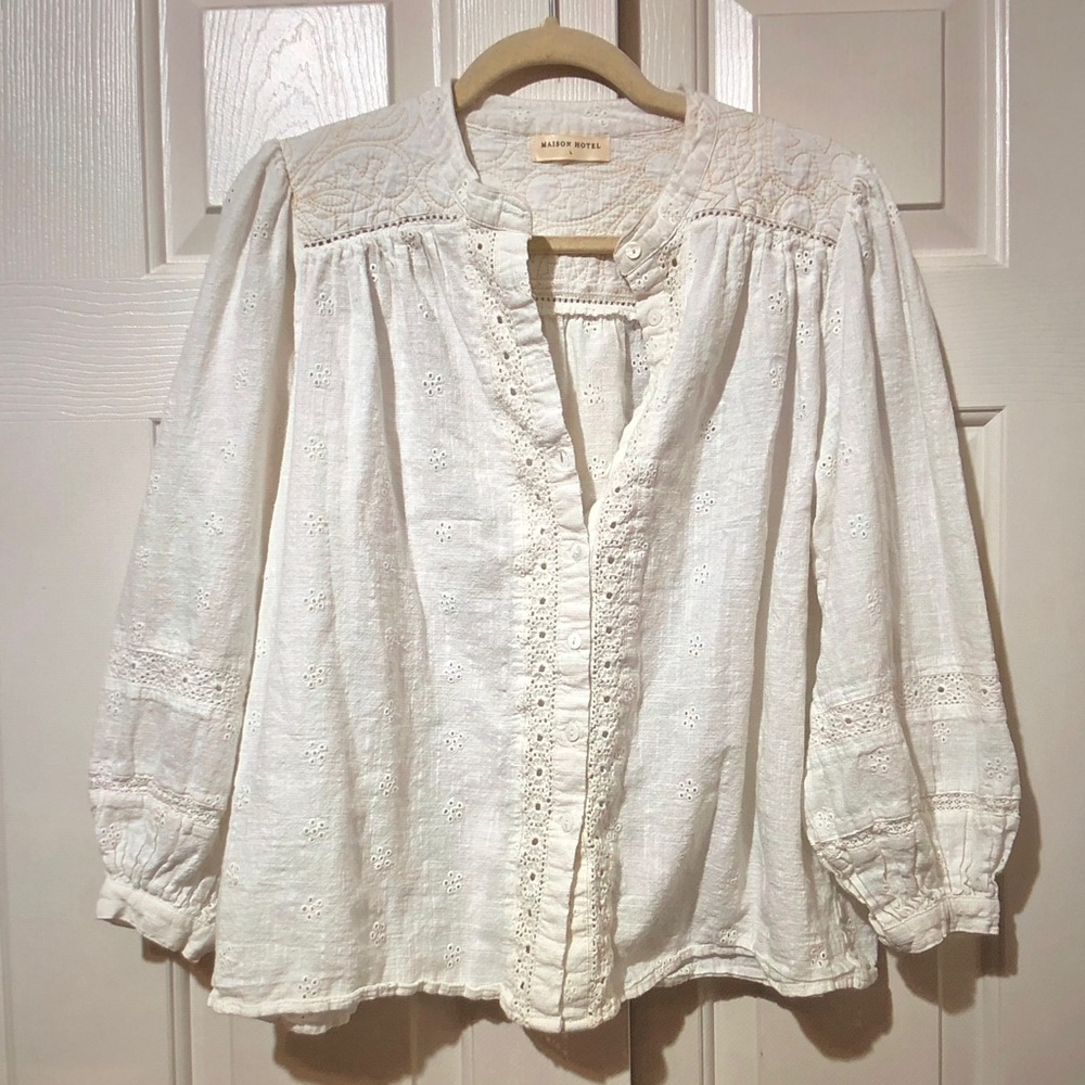 Maison Hotel White Eyelet Button-Down Peasant Shirt